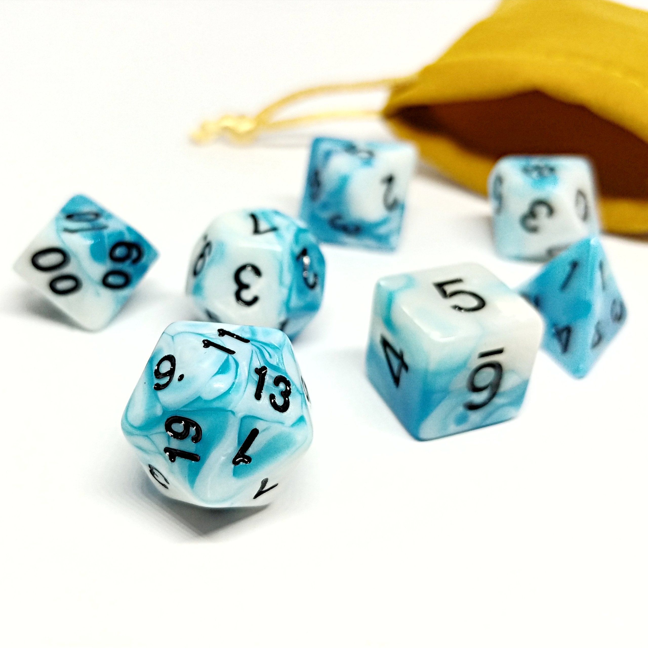 D20 Dice Necklace - Marble Blue/Gold Numbers - Gamechefs